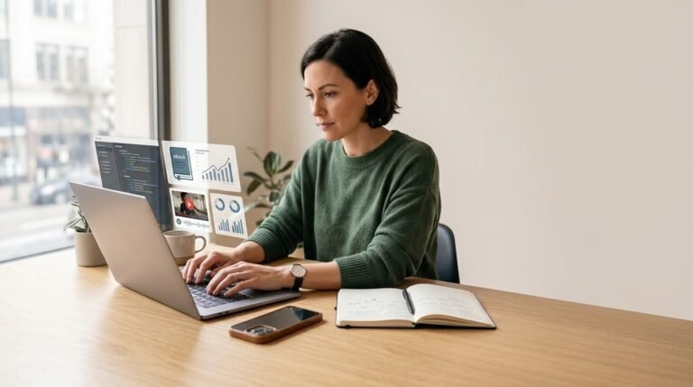 A Clean wooden desk displaying active work tools on the left and passive income analytics on the right