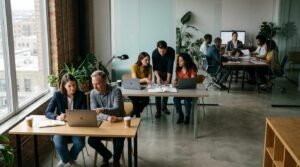 Business owner coordinating multiple freelancers for a marketing project